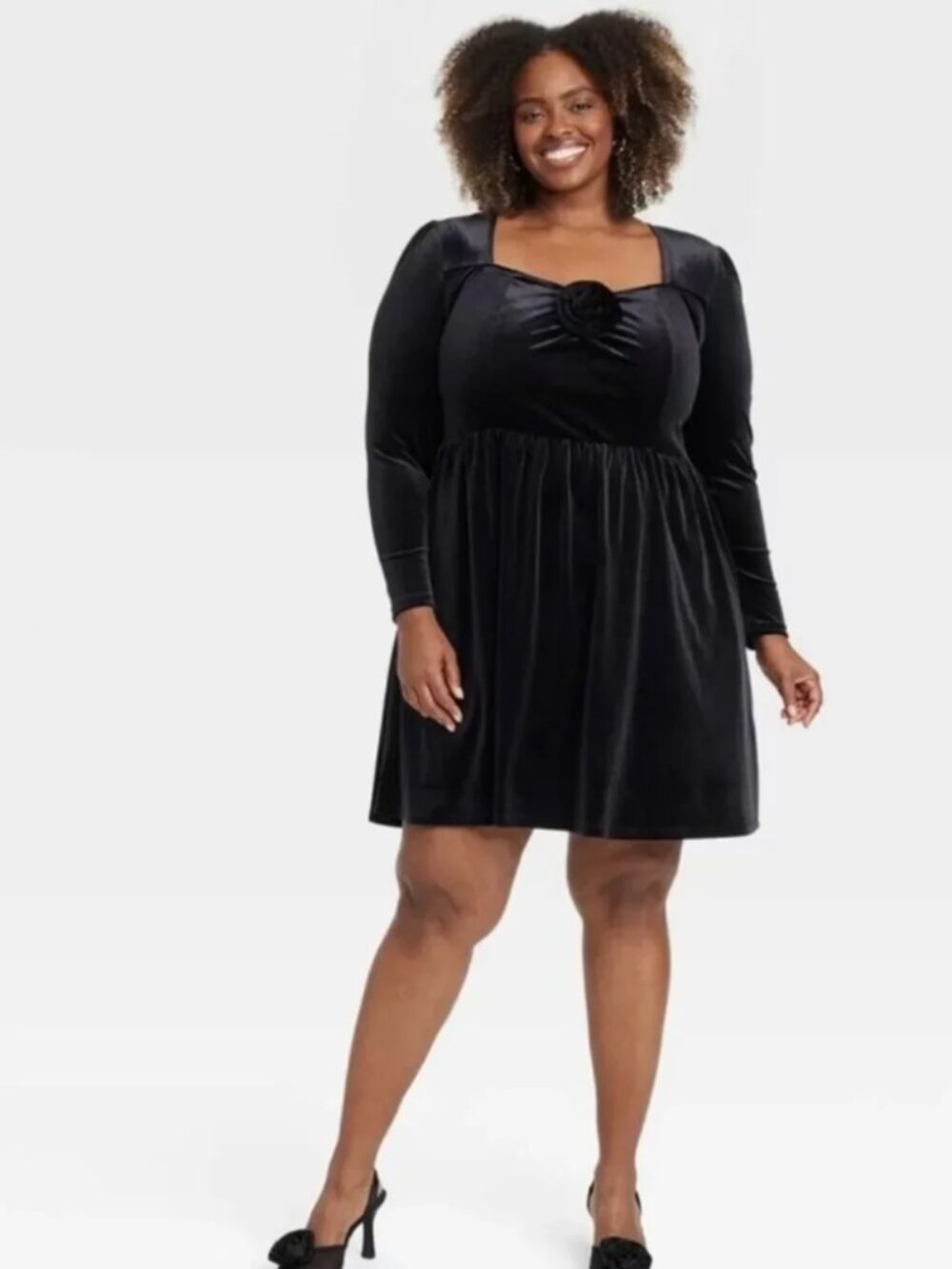 Ava & Viv Women's Holiday Long Sleeve Rosette Midi A Line Dress Black XXL 1X 2X